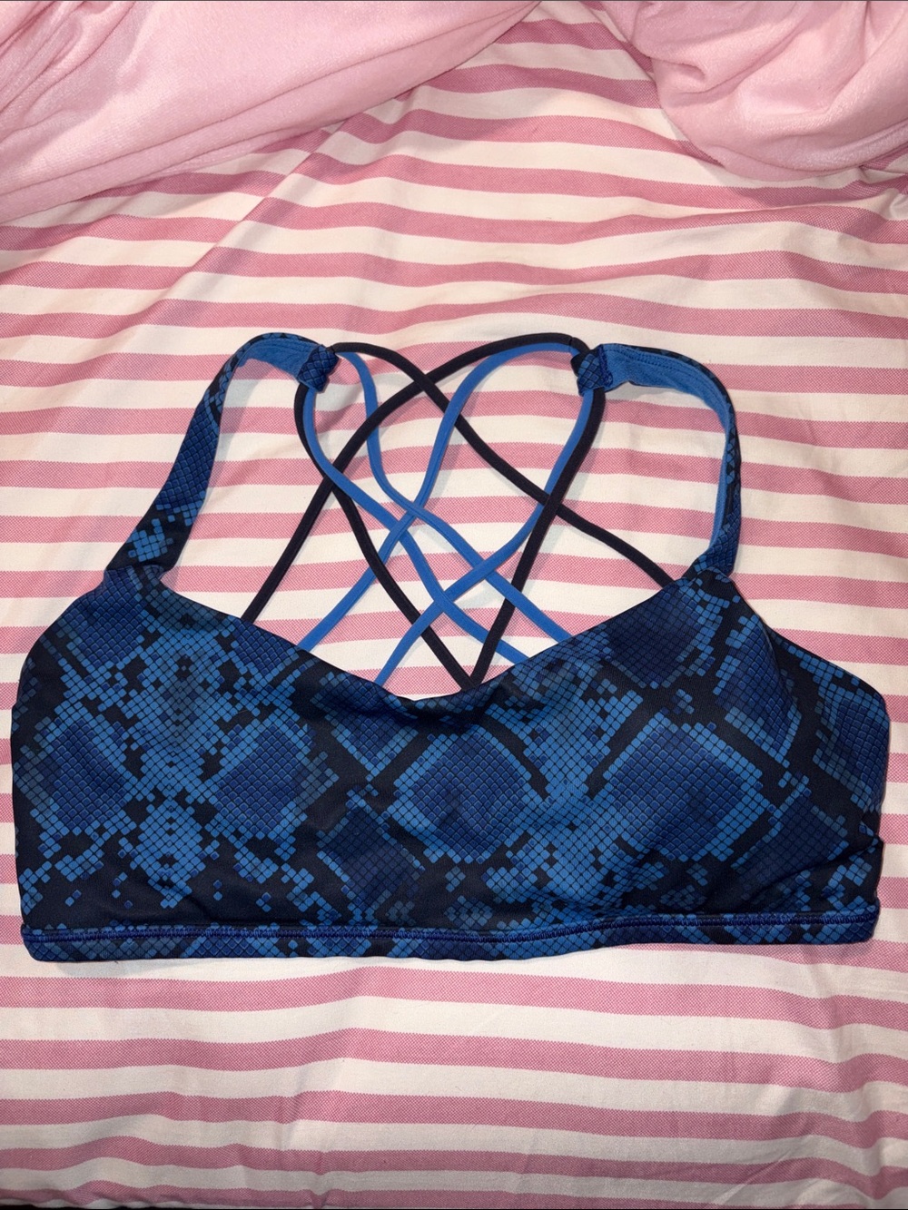 Lululemon Blue Snake-Print Crisscross Sports Bra
